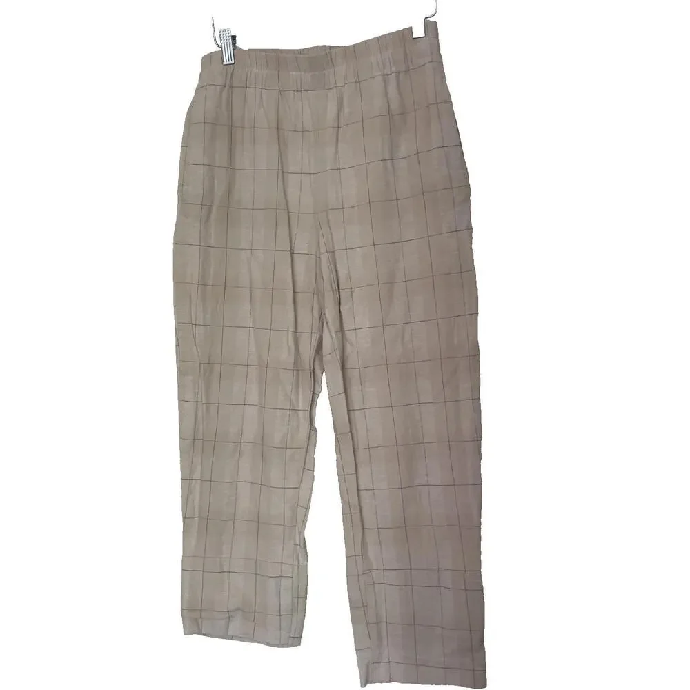 Zara Womans Pants Trousers cotton linen plaid print beige blue size S